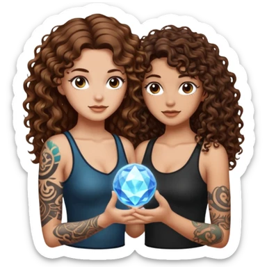 crystal orb realization — long wavy brown hair tattooed woman and short tight curly brown hair woman — glow sticker