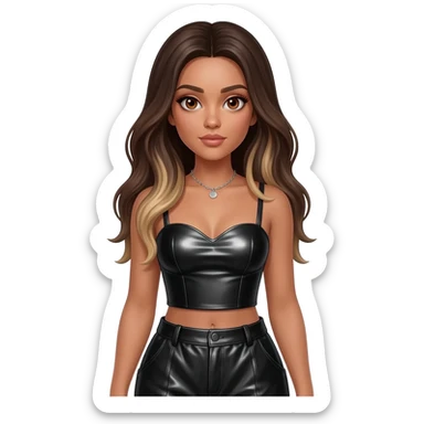 Ciara with brown eyes, long dark brown hair with blonde highlights, black metallic sweetheart crop top, black metallic baggy pants, silver necklace sticker