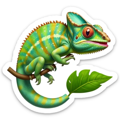 cinematic giant-tongue out chameleon-realistic emoji, mouth wide open with tongue out catching prey, -blending-with-vibrant-greenery.-detailed-scales-in-shifting-colors,-showing-the-chameleon’s-ability-to-camouflage.-soft-natural-light-highlights-its-texture.-light-background, zoomed into its face sticker