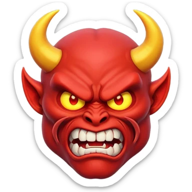 Muscular red demon emoji, 3D cartoon style, angry face, glowing eyes, unique horns. sticker