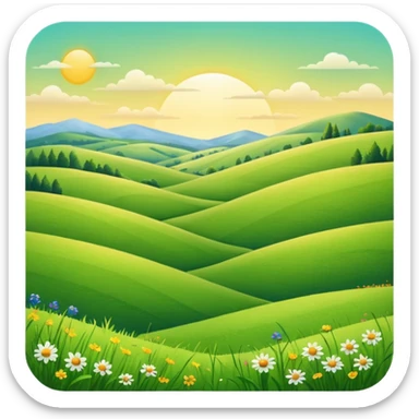 sunlit meadow with rolling hills sticker