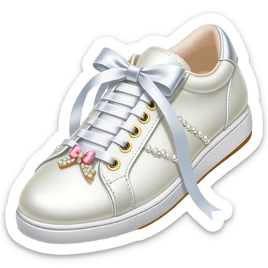 Pearl-encrusted Betsey Johnson white bridal tennis shoes with ribbon laces tied in a bow sticker