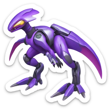 a shiny colorful Genesect-Raptor-Fakémon—hybrid with a futuristic visor-helmet full body sticker