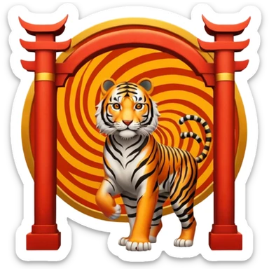 Traditional Chinese ink painting style emoji. A powerful tiger (like the ancient character 虎), standing guard in front of mystical gates (門). Energy swirls around him like a vortex (🌀). Minimalist, transparent background, 512x512 pixels. sticker