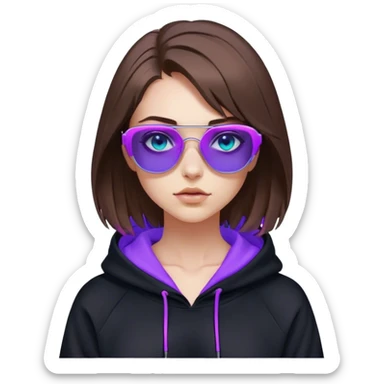 
girl with brown bob and blue eyes in a black hoodie and sunglasses. Cyberpunk style. Violet neon. sticker