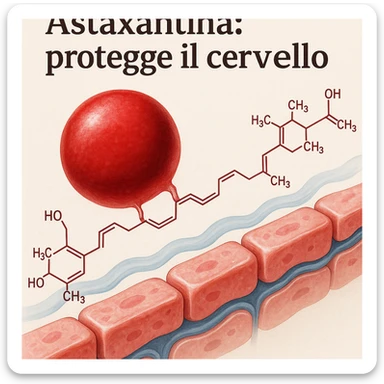 hyper realistic red astaxanthin molecule crossing a stylized blood-brain barrier, scientific atmosphere, light background, with Italian text 'Astaxantina: protegge il cervello' sticker