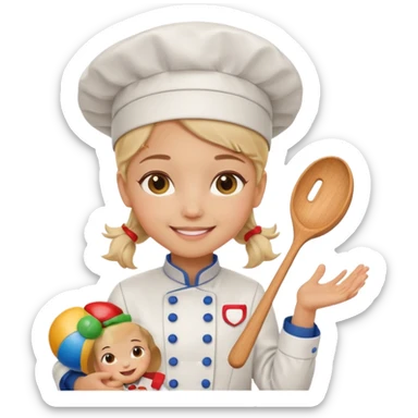 girl kid italian chef, uniform, holding toy sticker