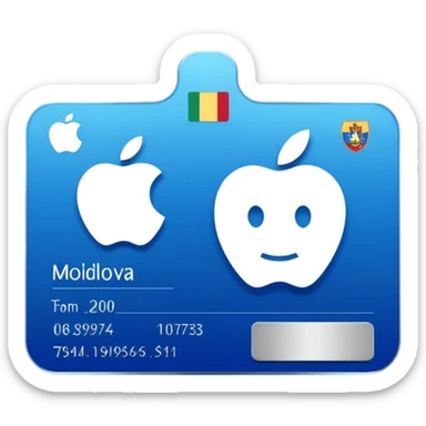 business ID card with rounded corners, blue-silver gradient background, placeholder lines, generic photo silhouette on left, Moldova-style heraldic icon in top-left, Apple emoji style, transparent background sticker