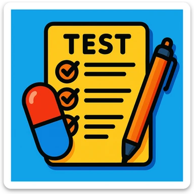 icon of a test paper with a pill and pen, cartoon style sticker