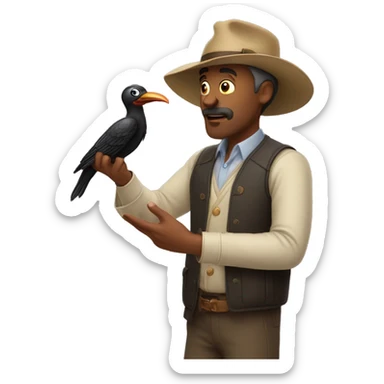A man trying to shoo away a bird while holding a hat in his hand. sticker
