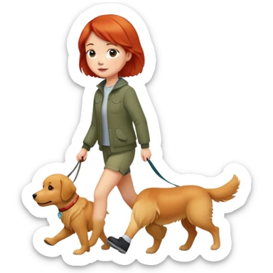 A red short-haired girl walking a golden retriever sticker