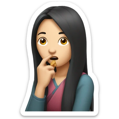 A long-haired Asian woman in her 30s looks worried while biting her hand sticker