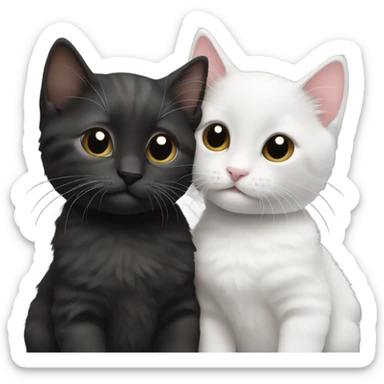 two kittens are looking at each other from the front, one has its paw on the other's shoulder, they are different colors, one is black, the other is white sticker
