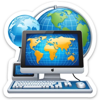 An icon featuring a computer monitor displaying code, a globe with network nodes, and a circuit board, symbolizing IT. The design includes data streams, cloud storage, and a keyboard, representing digital innovation, connectivity, and problem-solving. Transparent background sticker