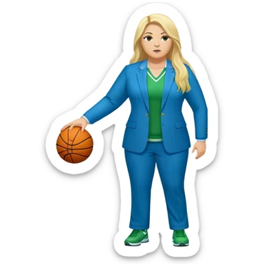 Full Body white plus size female basketball head coach with long blonde hair in a blue and green suit sticker
