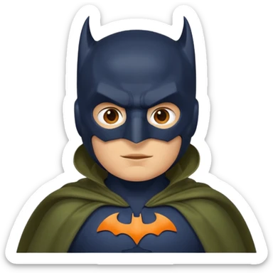 generate a batman emoji with just the face and neck showing and part of the cloak and and wings. Shade the bat logo on the chest in a bright  olive green. Shade the mask in dark navy blue.  Shade the cloak in a solid vibrant orange.  sticker