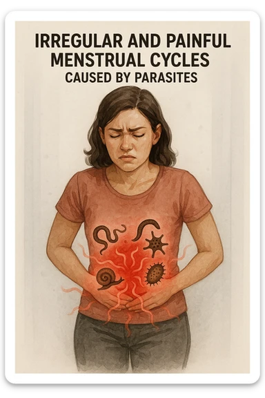 Donna con ciclo irregolare e doloroso a causa dei parassiti sticker