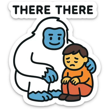 abominable snowman comforting a child, with the words 'there there', color outline icon style, suitable for YouTube sticker