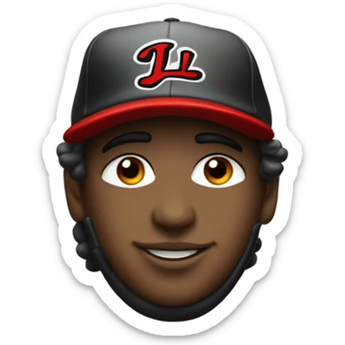 Baseball player with flow and a red and black hat with an cursive L on it sticker