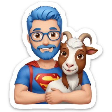 Adult Superman with redish brownish full beard with his arm around a blue hair happy goat sticker