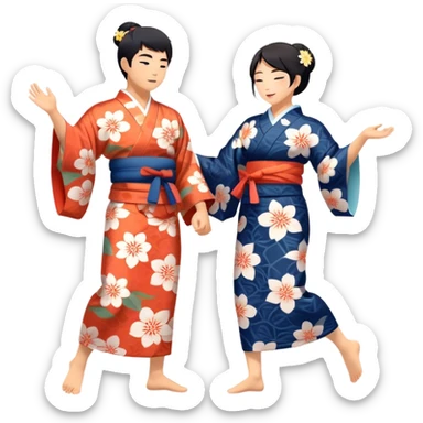 Cinematic Realistic scene of two performers engaging in Bon Odori, dressed in traditional yukata with intricate summer patterns, captured in graceful, rhythmic motion with warm, festive lighting sticker