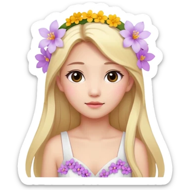 Asian girl with long blonde hair white skin makeup natural with flower in her ear, her dress is white and pink lil flowers  sticker