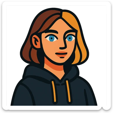 designer girl with blue eyes, brown and blonde hair to shoulders, black hoodie sticker