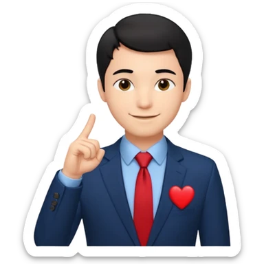 A man in very black short hair with all back hair style, wearing dark blue suit and red tie, making a heart finger sticker