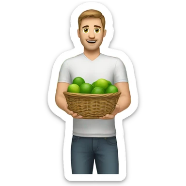 A white man with brown hair and tall carrying many limes in his hands in a supermarket. Make it so the limes are nearly overflowing the basket. sticker