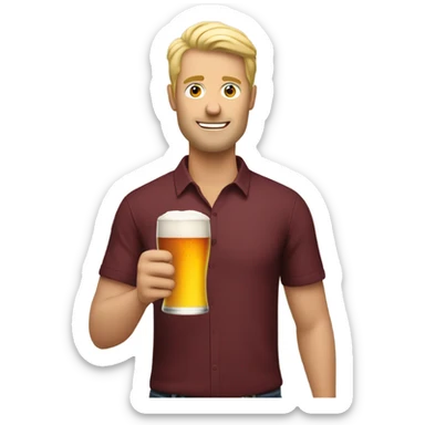 Blonde man in maroon shirt holding two beers sticker