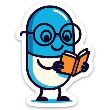 A smiling capsule pill with big round glasses, holding a tiny open book, cartoon style, vibrant colors, pill is blue and white sticker