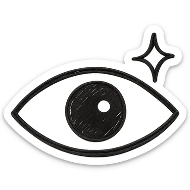 minimal monochrome icon of a stylized eye with a small spark, black outline only, creative and abstract sticker
