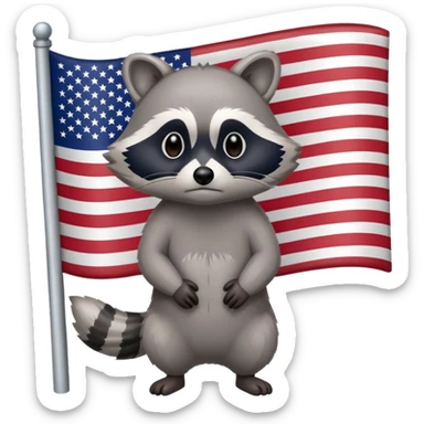 Sad raccoon standing in front of an American flag sticker
