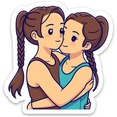 Comforting Hug two white skin women, one shorter woman with medium brown simple top ponytail, not braided, and one taller skinny sad face woman with a single long black side braid sticker