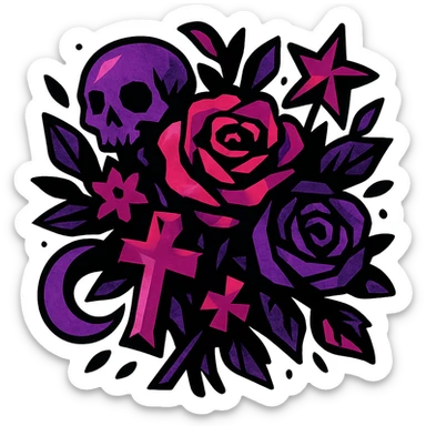 gothic bouquet, bold colors, dynamic shading, energetic, gothic motifs, black, magenta, and purple sticker