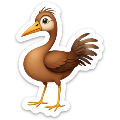 an oval brown bird with two short strong legs a long thin beak stringy feathers small head  sticker