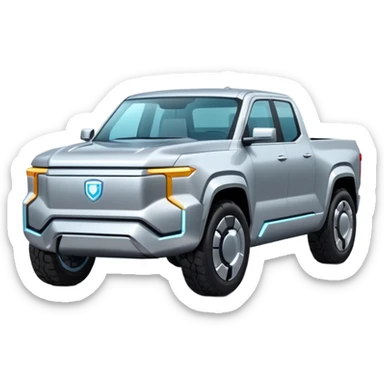 A futuristic electric pickup truck emoji, silver chrome body, angular cyber design, smooth metallic panels, subtle reflections, minimalistic proportions, iOS emoji style, centered composition, clean white background, soft lighting sticker