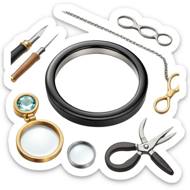 Create an icon that represents the art of jewelry making. The design should feature 1-2 pieces of jewelry, such as a ring or necklace, in progress. Include a small workbench or table, a magnifying glass, and tools like pliers and tweezers. The composition should feel elegant and detailed, showcasing the precision and skill involved in crafting jewelry. The background should be transparent. sticker