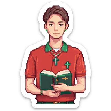 man with clean haircut, wearing a red polo shirt, holding a book and wearing a cross necklace sticker