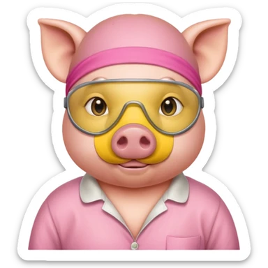 a pig with yellow sleep mask and wearing shirt sticker
