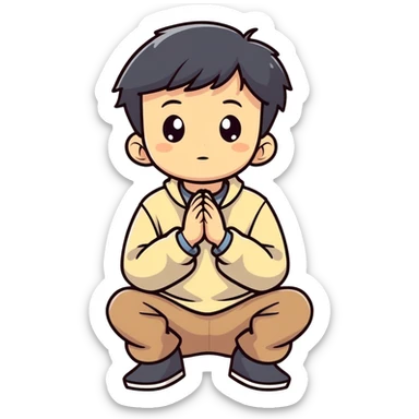 Boy kneeling asking "how may I be of use to you" sticker