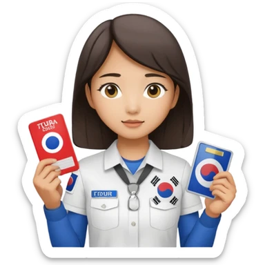 A young Asian guide holding her tour license in both hands, wearing a white shirt with the South Korea badge on her chest. sticker