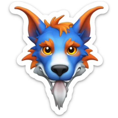 Un dragon mi loup de couleur rouge, bleu, blanc et orange moutardes, avec des corne de bélier orange moutard. Il qui crache du feux sticker