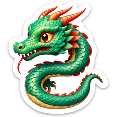 Cinematic Cute Chinese Serpent Dragon Portrait Emoji, Head tilted playfully and inquisitively, showcasing a slender, flowing body with vibrant jade scales and soft vermilion accents intertwined with whimsical wisps of cloud and water details; rendered with realistic finesse and warm natural light, high shine, charming and spirited, styled with a touch of mythic whimsy, soft glowing outline, capturing the essence of a mischievous yet endearing celestial dragon poised to weave magic into your dreams! sticker