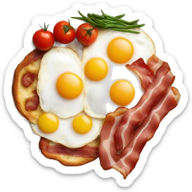 English breakfast on white plate with with eggs, bacon, cherry tomatoes, beans in red sauce sticker