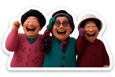 Extract the three characters from the image and place them together on a transparent background, keeping the original style and appearance as shown in the reference image. sticker