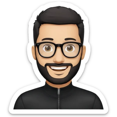 Light-skinned man with very short black hair, short salt and pepper beard, big black glasses frames, happy smile, black long sleeve zip-neck shirt sticker