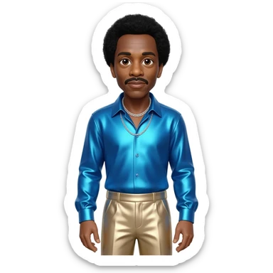 Richard Pryor with dark brown eyes, black hair, periwinkle blue metallic shirt, beige metallic baggy pants, silver necklace sticker