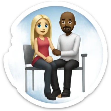 Blonde woman with blue eyes and long straight hair and black man who is bald with a goatee seated together with their legs touching and holding hands.   sticker