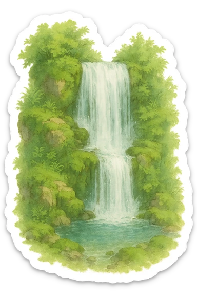 a realistic waterfall, natural colors, soft, fairy-like atmosphere, no background, square size sticker
